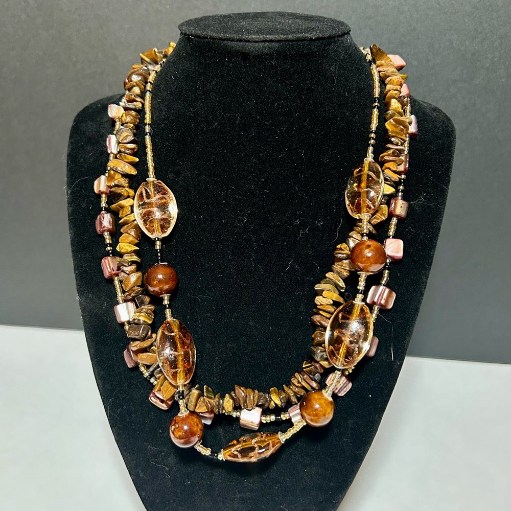 3- Strand Beaded Necklace with beautiful brown tones! - Picture 2 of 4